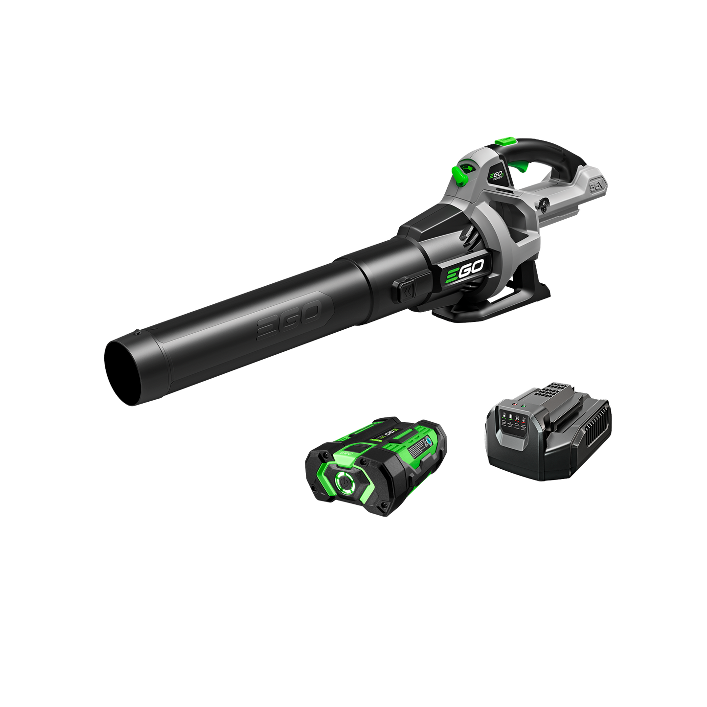 Cordless outdoor blower with 530 CFM airflow, battery pack, and charger for home improvement and yard cleanup tasks