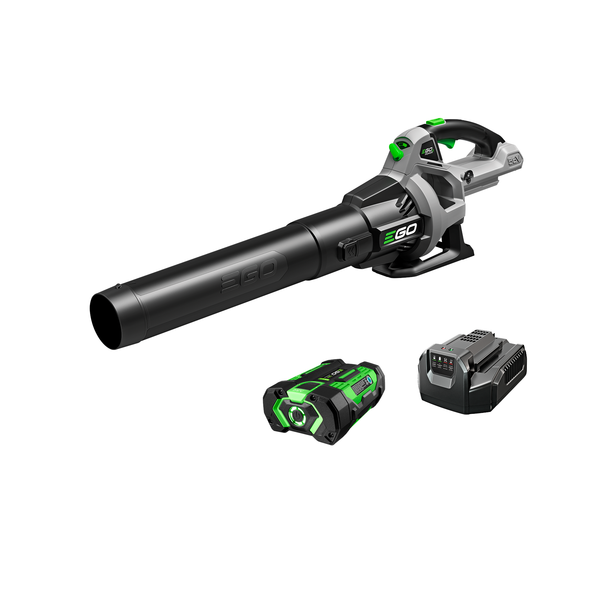 Cordless outdoor blower with 530 CFM airflow, battery pack, and charger for home improvement and yard cleanup tasks