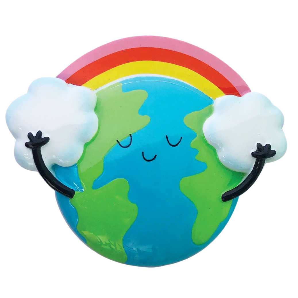 Cheerful Earth with green continents holding fluffy clouds beneath a bright rainbow from Christmas decorations collection