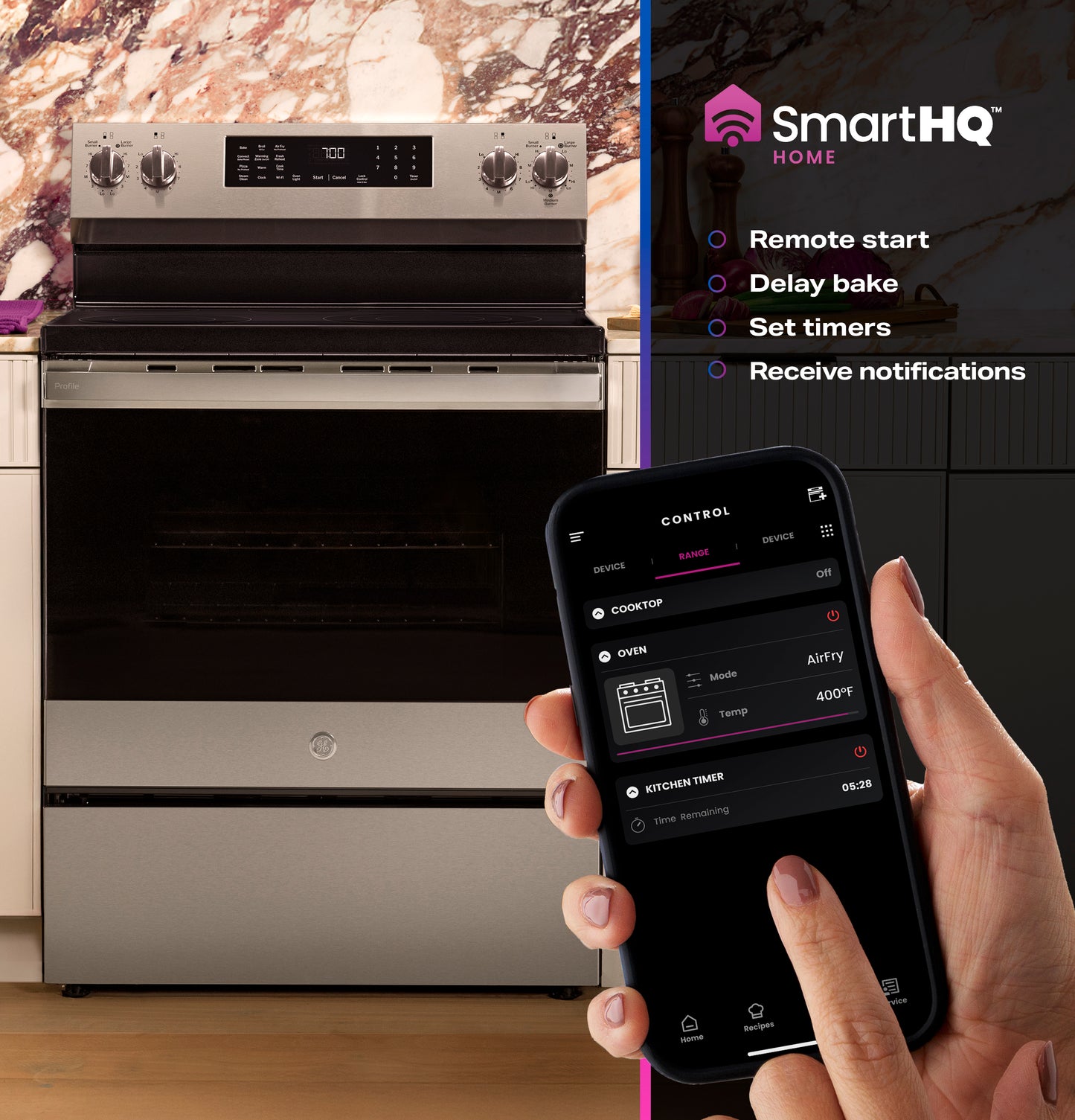 Free-standing stainless steel electric convection range with digital display and smartphone app showing remote cooktop and oven controls.