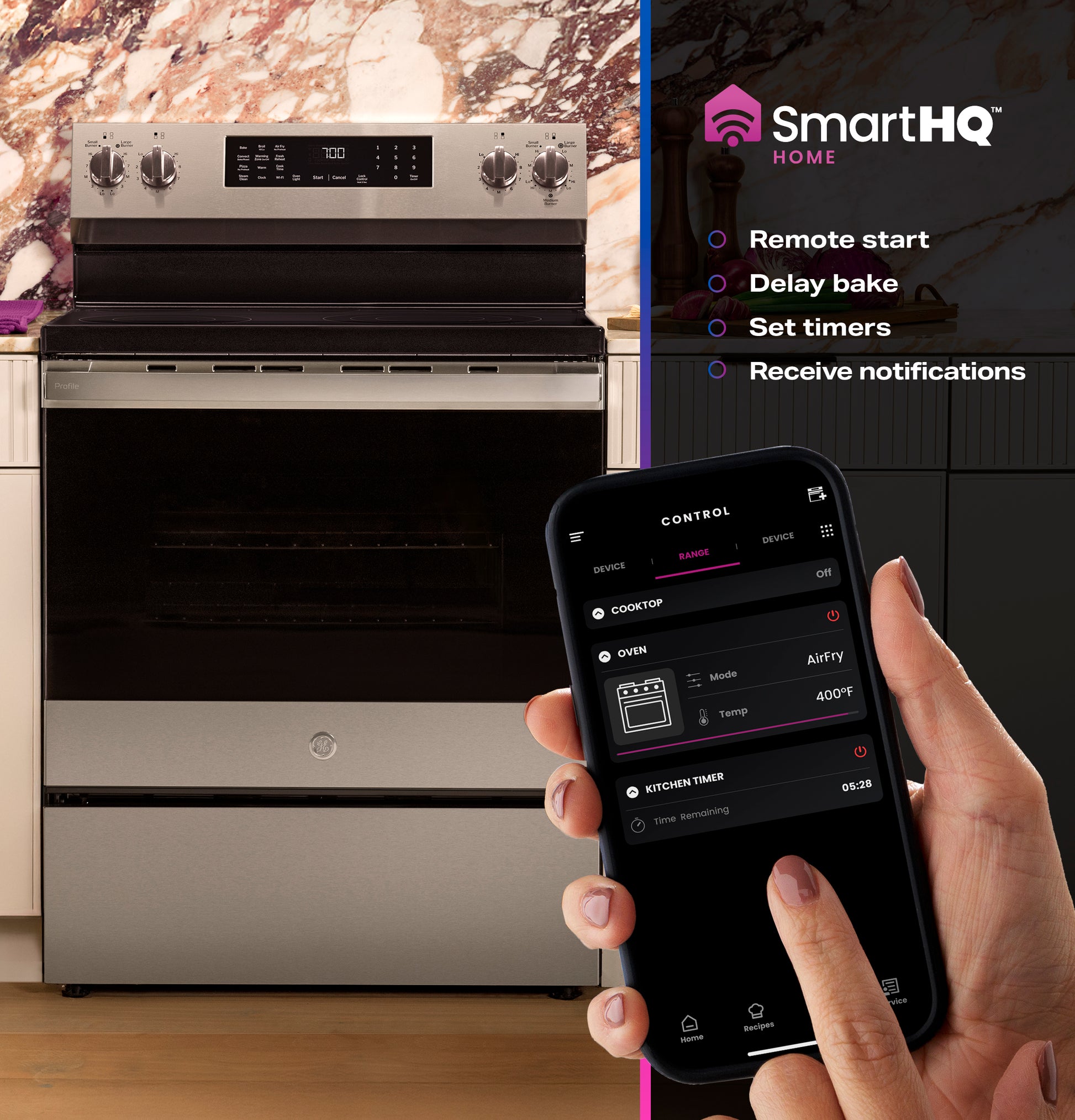 Free-standing stainless steel electric convection range with digital display and smartphone app showing remote cooktop and oven controls.