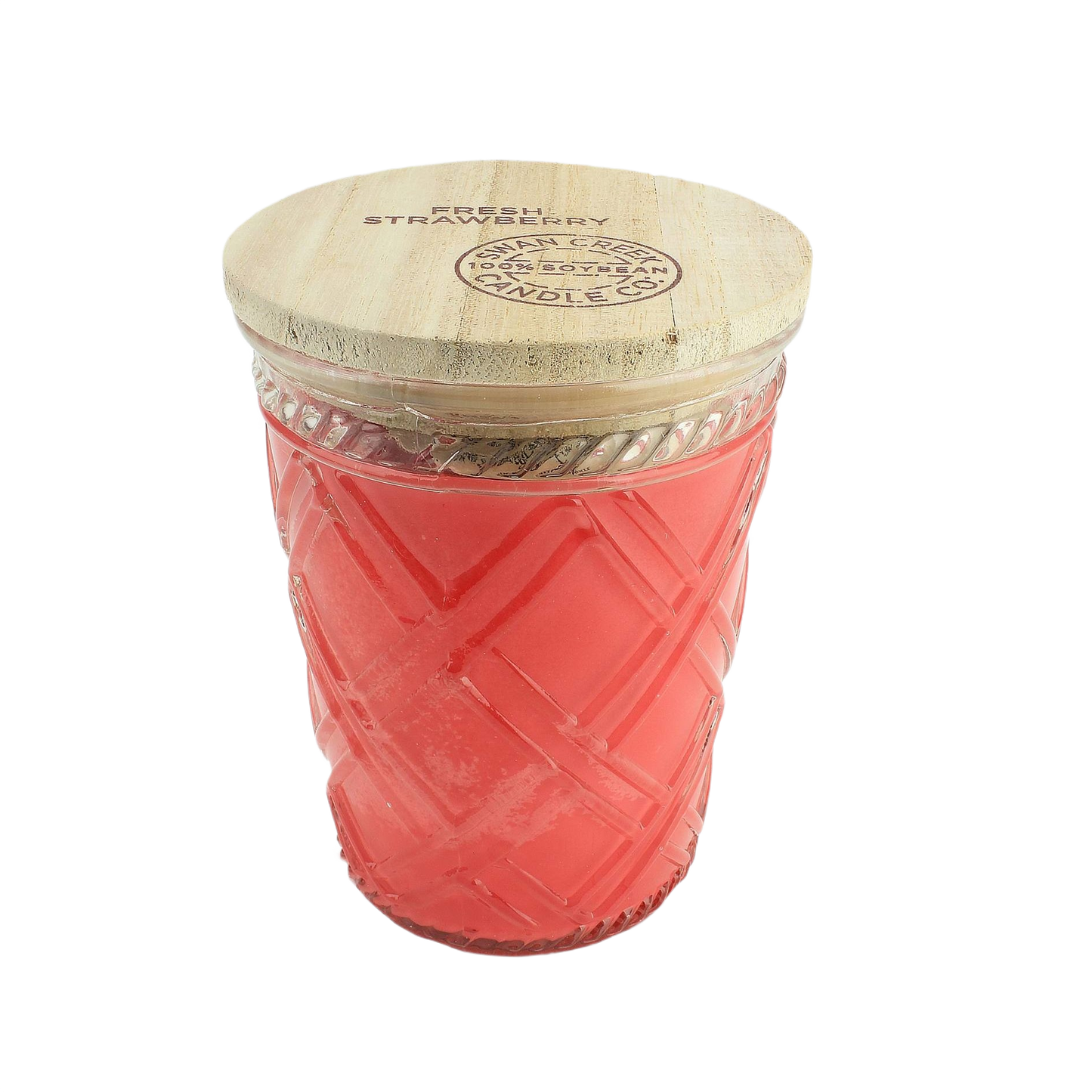 Glass jar candle with textured geometric design and natural wooden lid filled with red strawberry-scented wax