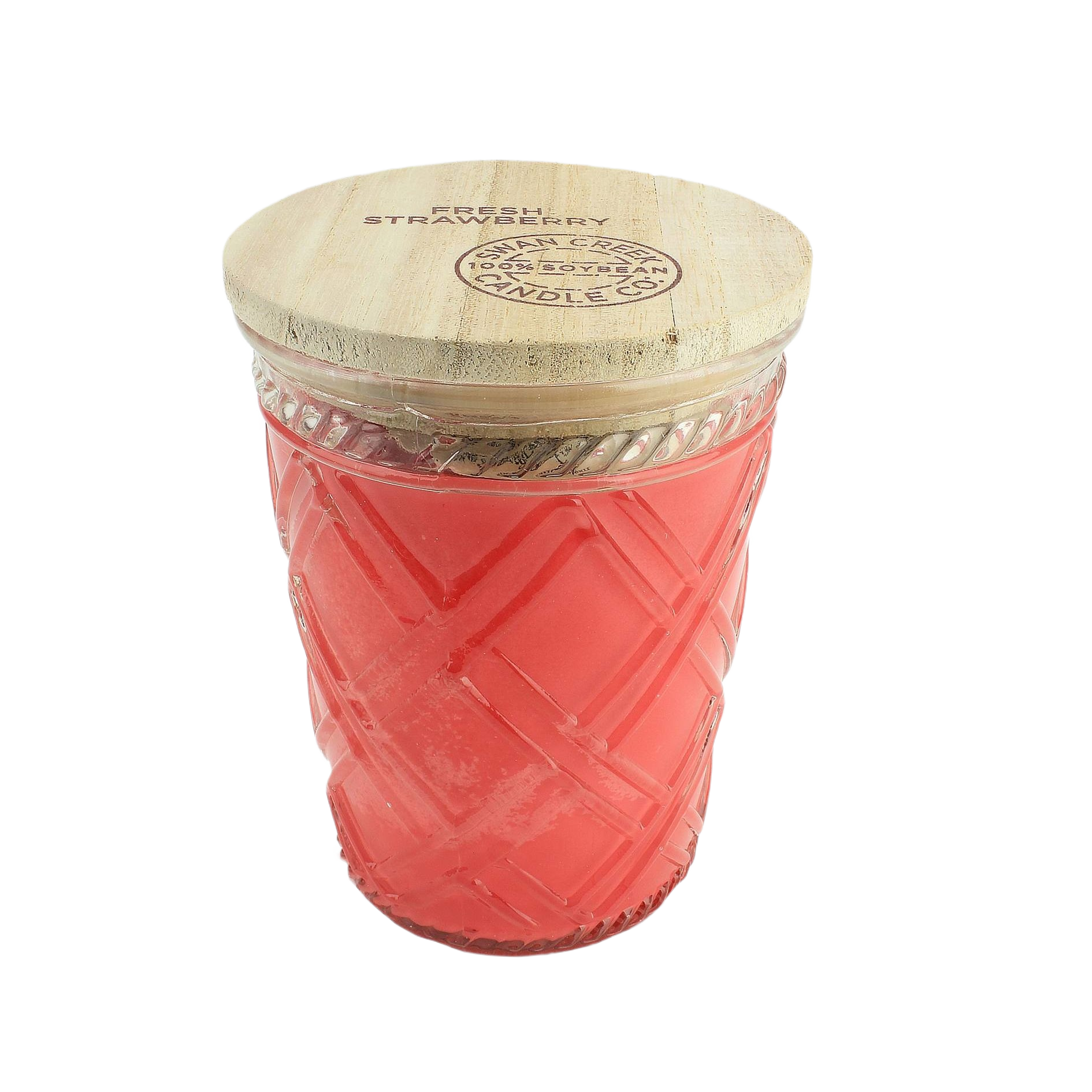Glass jar candle with textured geometric design and natural wooden lid filled with red strawberry-scented wax