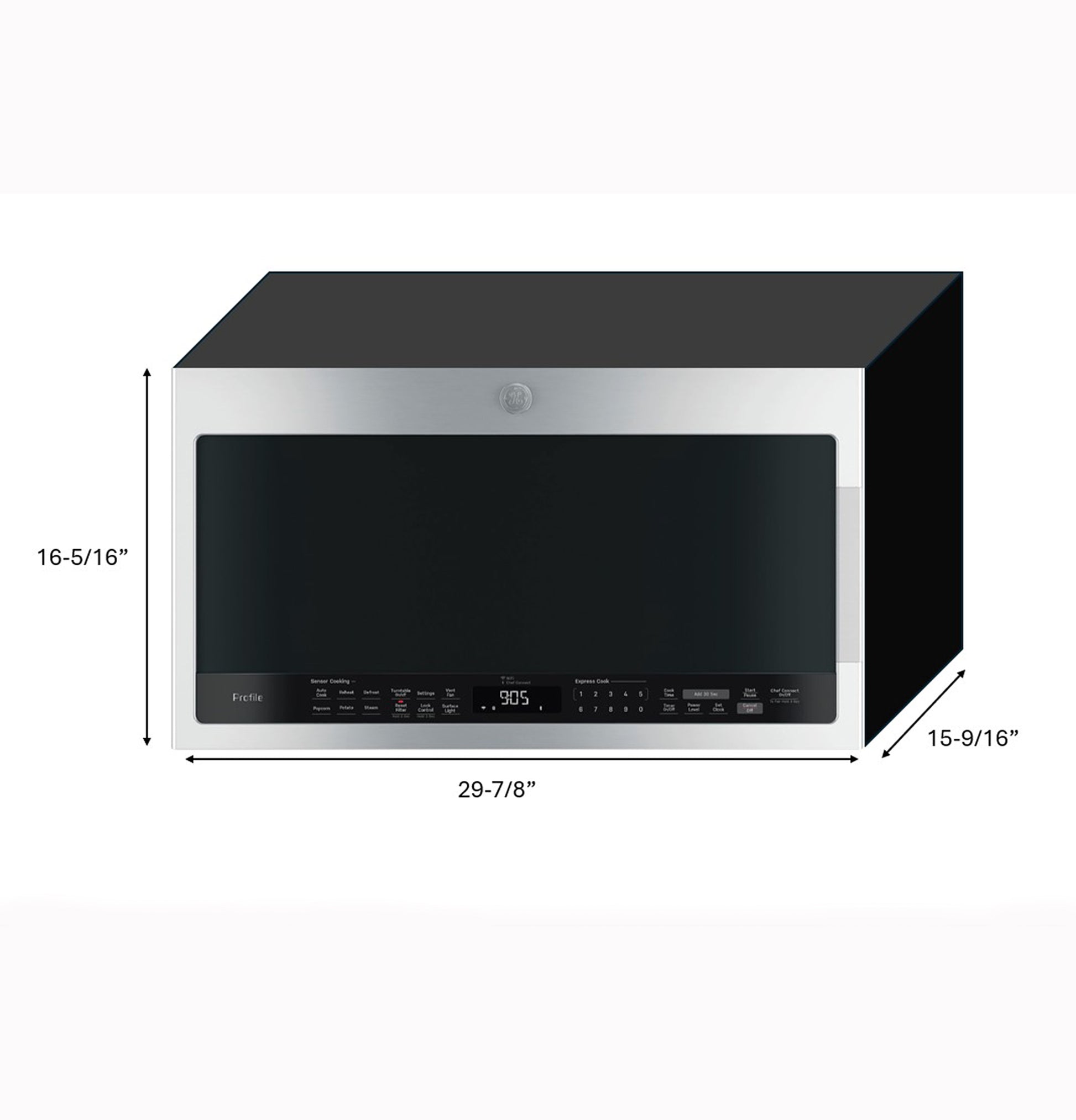 Front view of stainless steel over-the-range microwave with digital control panel and installation dimensions shown