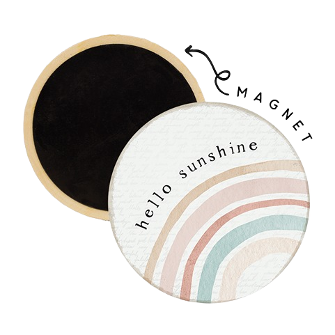 Round decorative magnet with pastel rainbow and "hello sunshine" text for home organization and décor