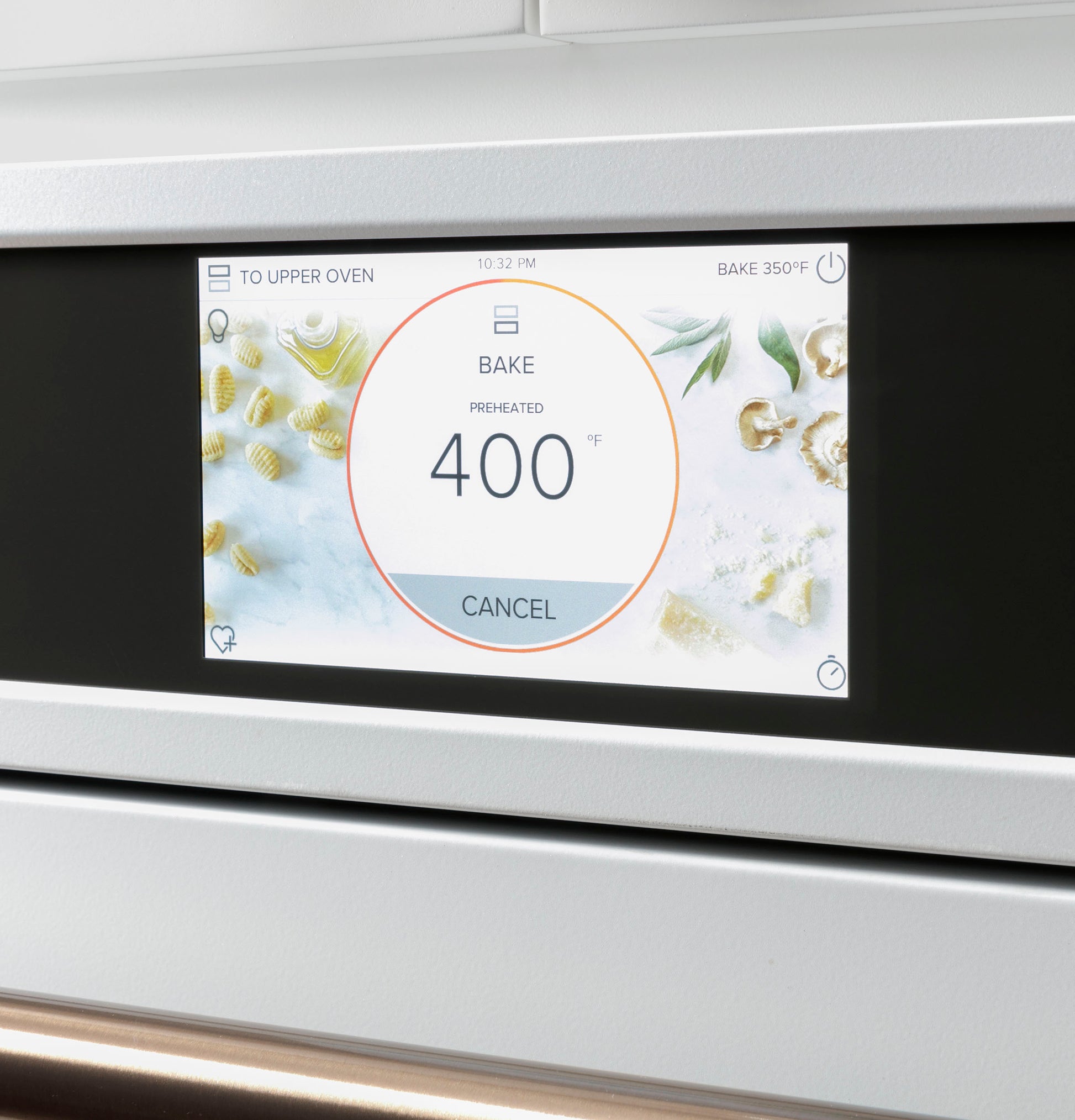 Close-up of digital touchscreen control panel displaying bake mode at 400°F on a modern double wall oven
