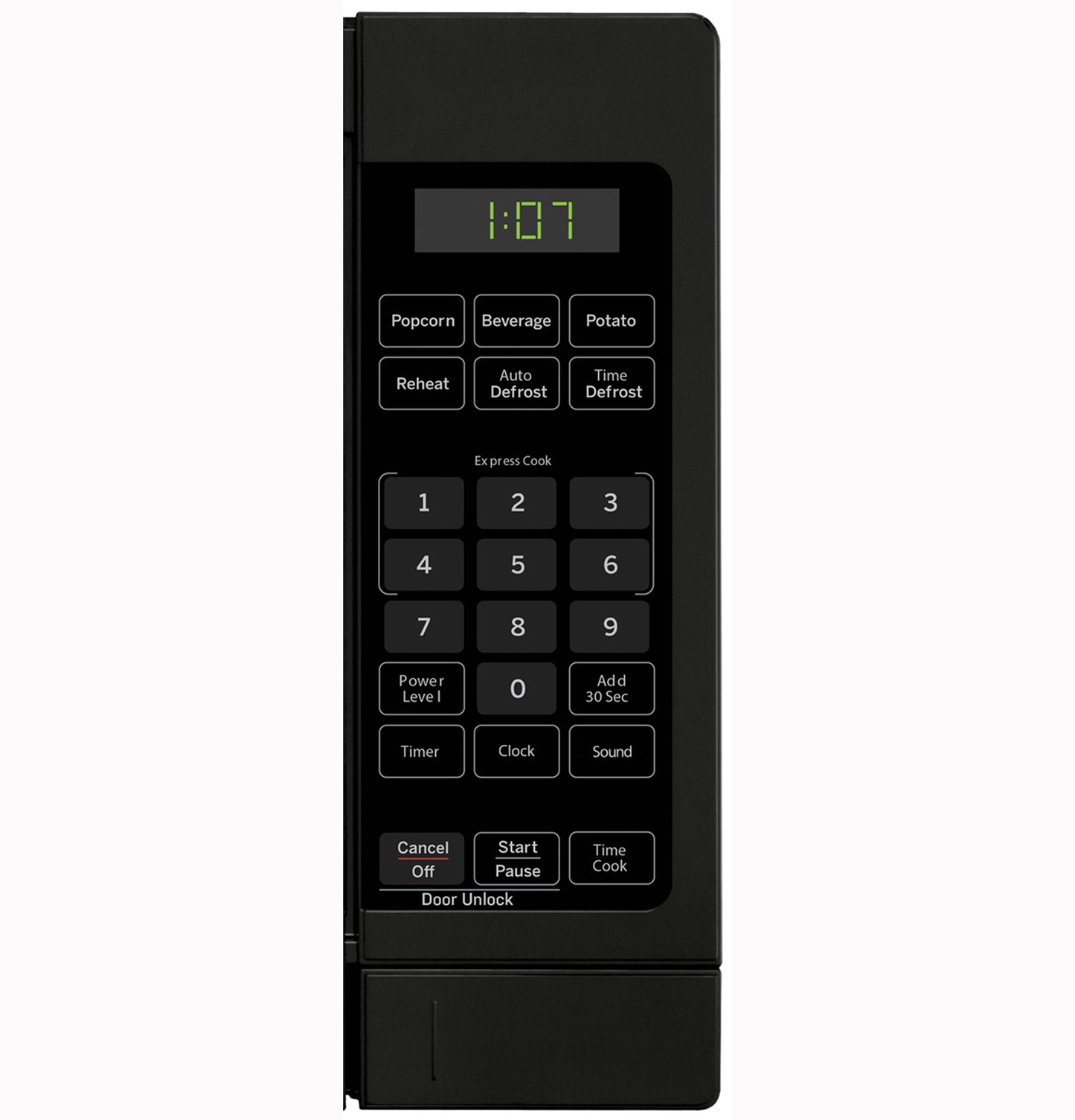 Control panel of a black countertop microwave with digital display and preset cooking buttons from Microwaves collection