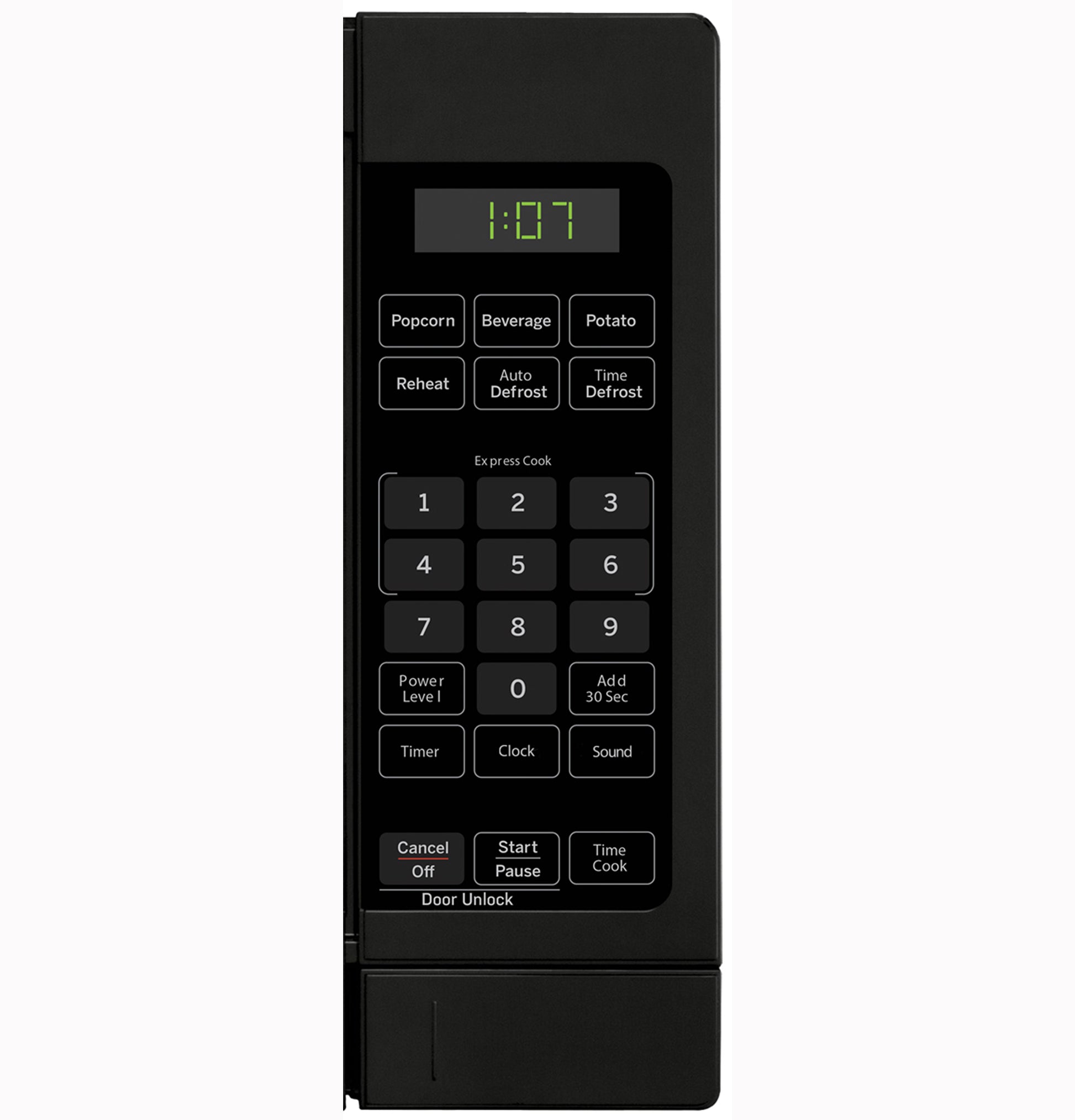 Control panel of a black countertop microwave with digital display and preset cooking buttons from Microwaves collection