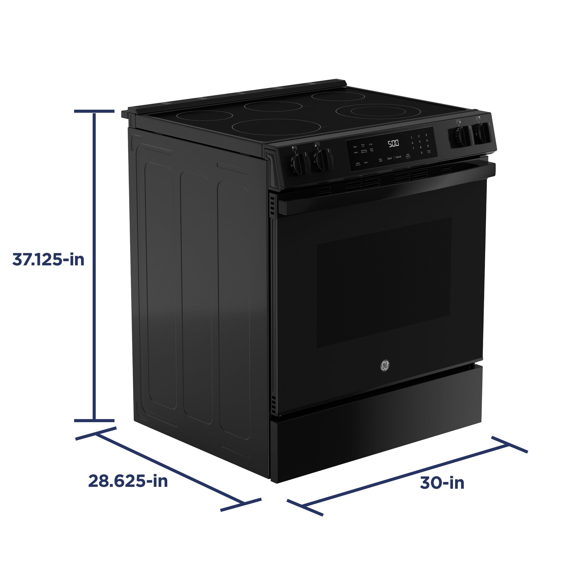 Black slide-in electric range with digital control panel and four smooth cooktop burners in kitchen appliance setting