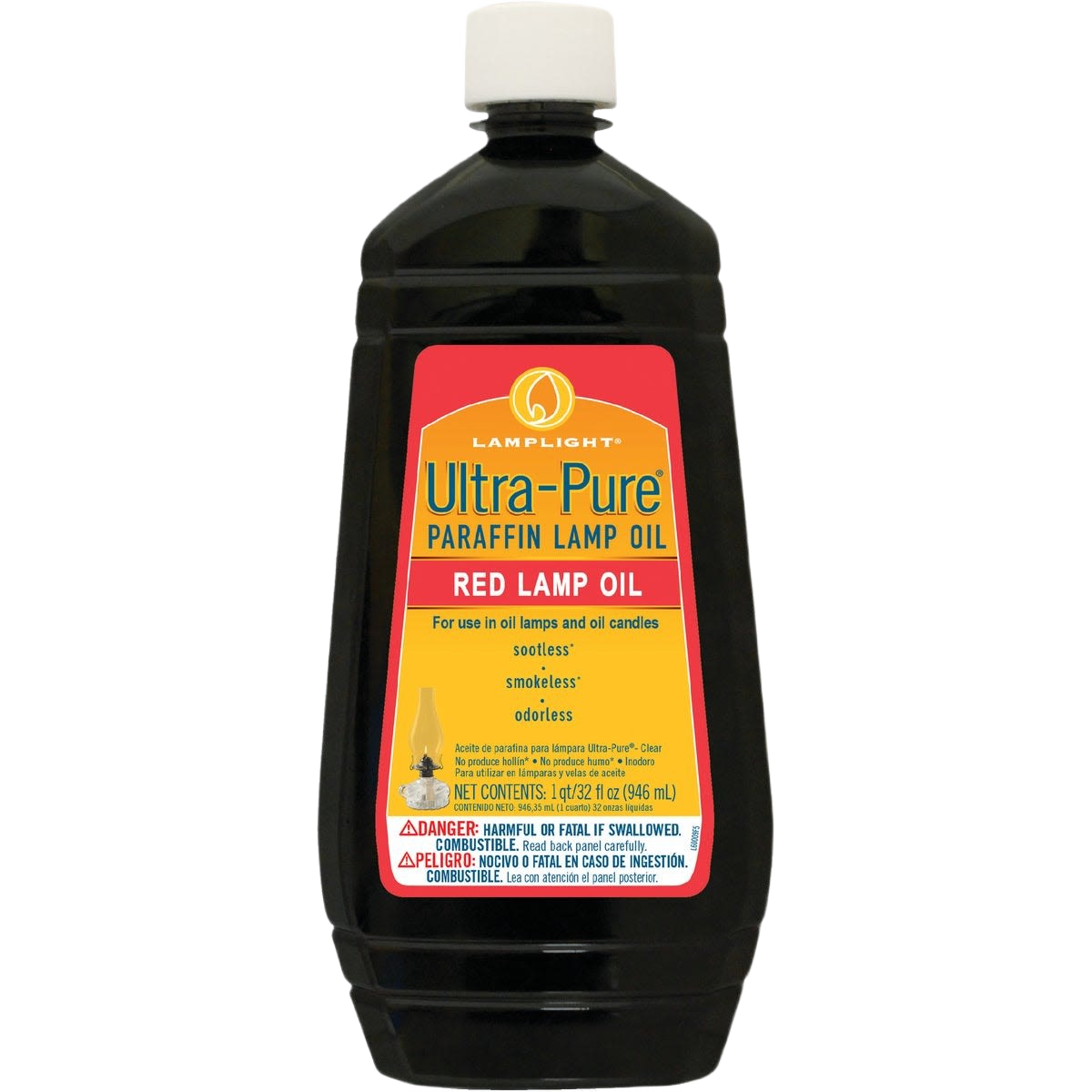 Black plastic bottle of red ultra-pure paraffin lamp oil with white cap for indoor lighting and home use