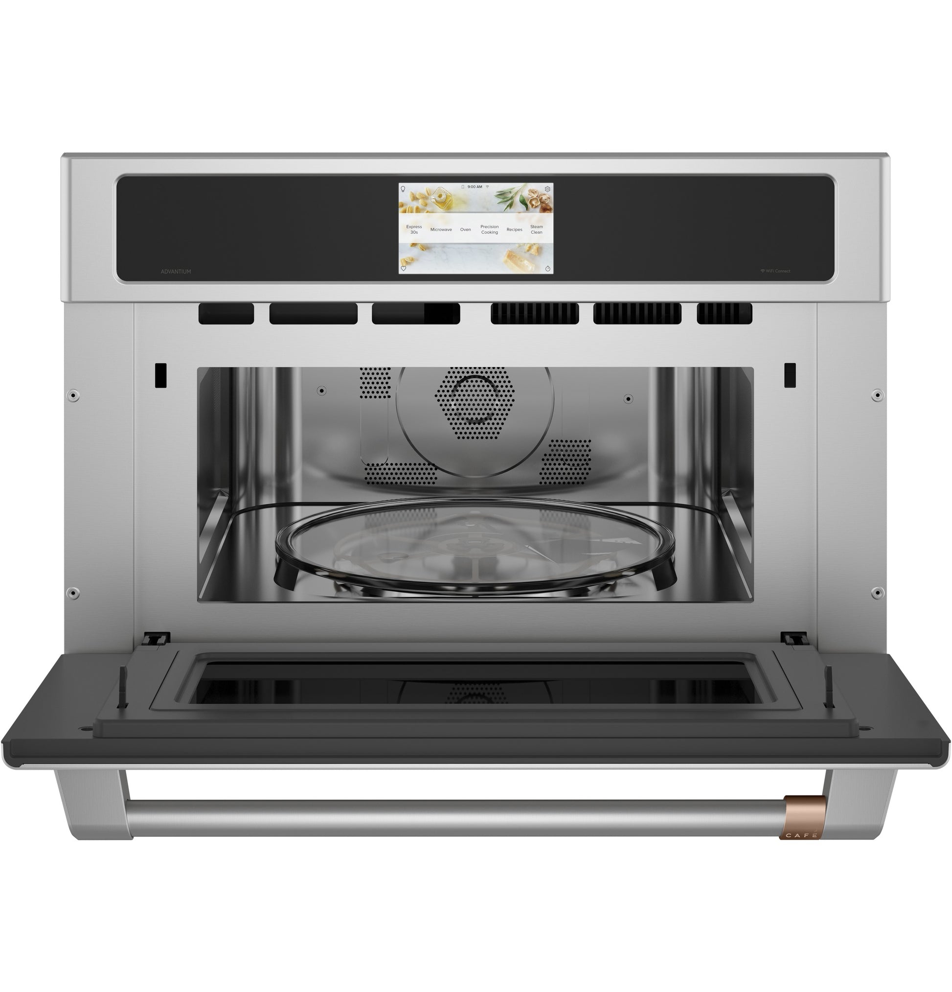 Interior view of stainless steel single wall oven with glass turntable and digital control panel from kitchen appliances collection