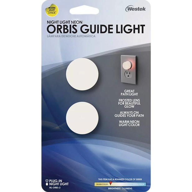 Two white frosted lens plug-in neon night lights emitting warm 3000K glow for hallway and bedroom lighting