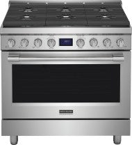 stainless steel freestanding gas range with six burners and front control knobs for kitchen appliances and home improvement