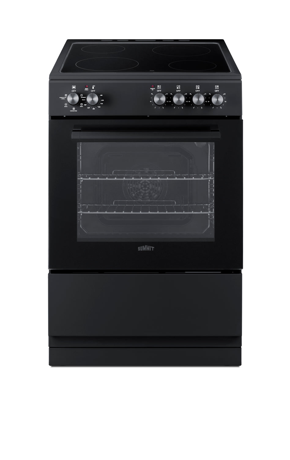 Black electric smooth-top range with control knobs and glass oven door for compact kitchen appliance setups