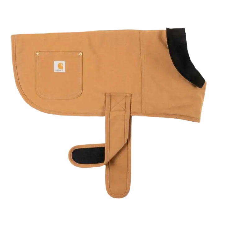 Tan water-resistant cotton dog coat with adjustable straps for pet protection and outdoor use from Carhartt Pet Coats collection