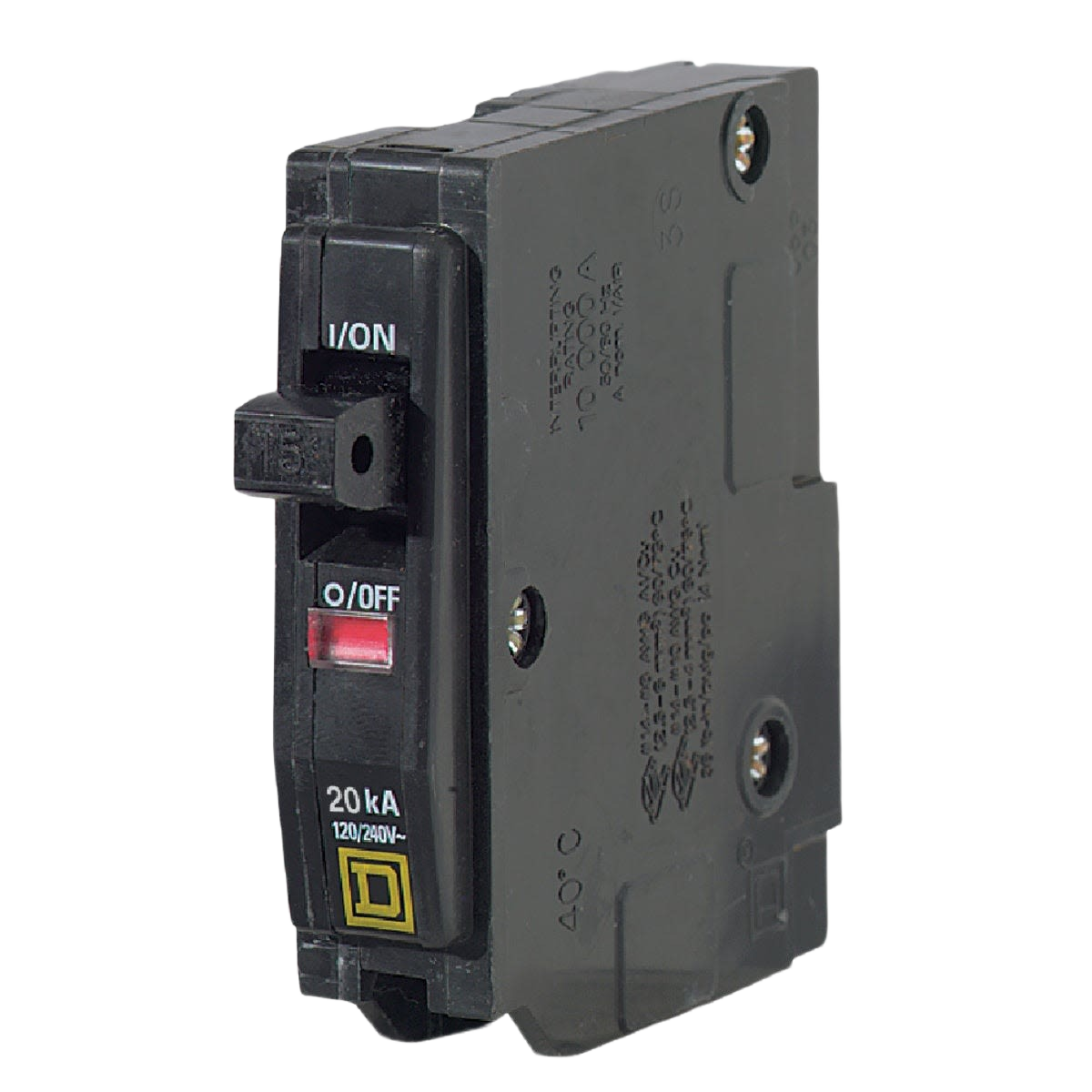 Black single-pole circuit breaker with on/off switch and 20 amp rating for tools and home improvement use