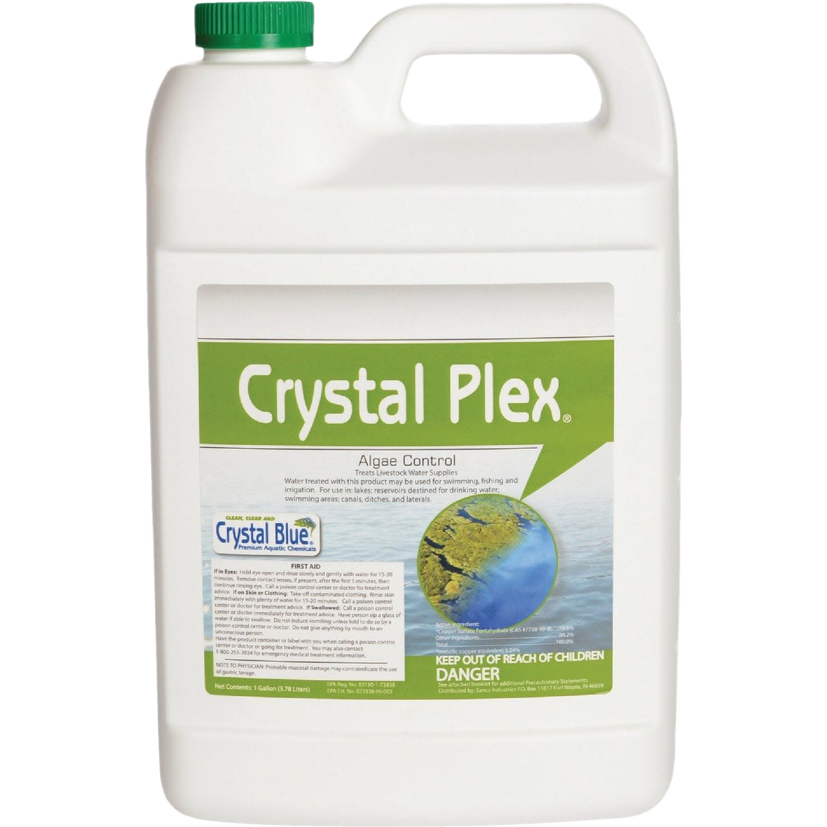 White plastic gallon container of Crystal Plex algae control with green cap and label for water treatment use