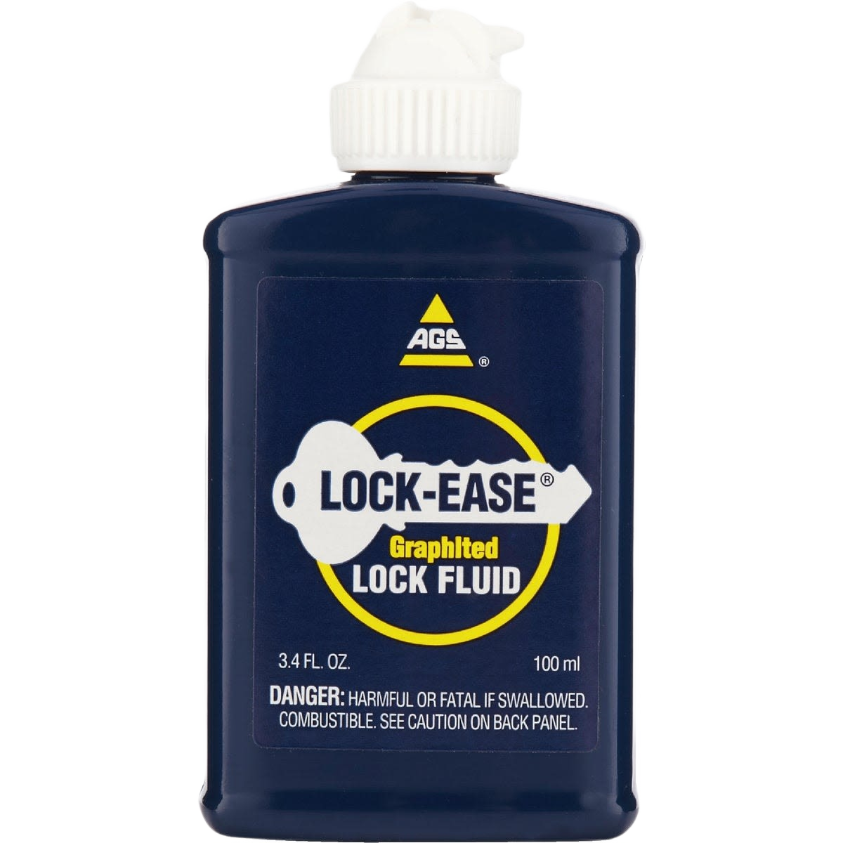 Blue plastic bottle of AGS Lock-Ease graphited lock fluid lubricant for home improvement and tools use