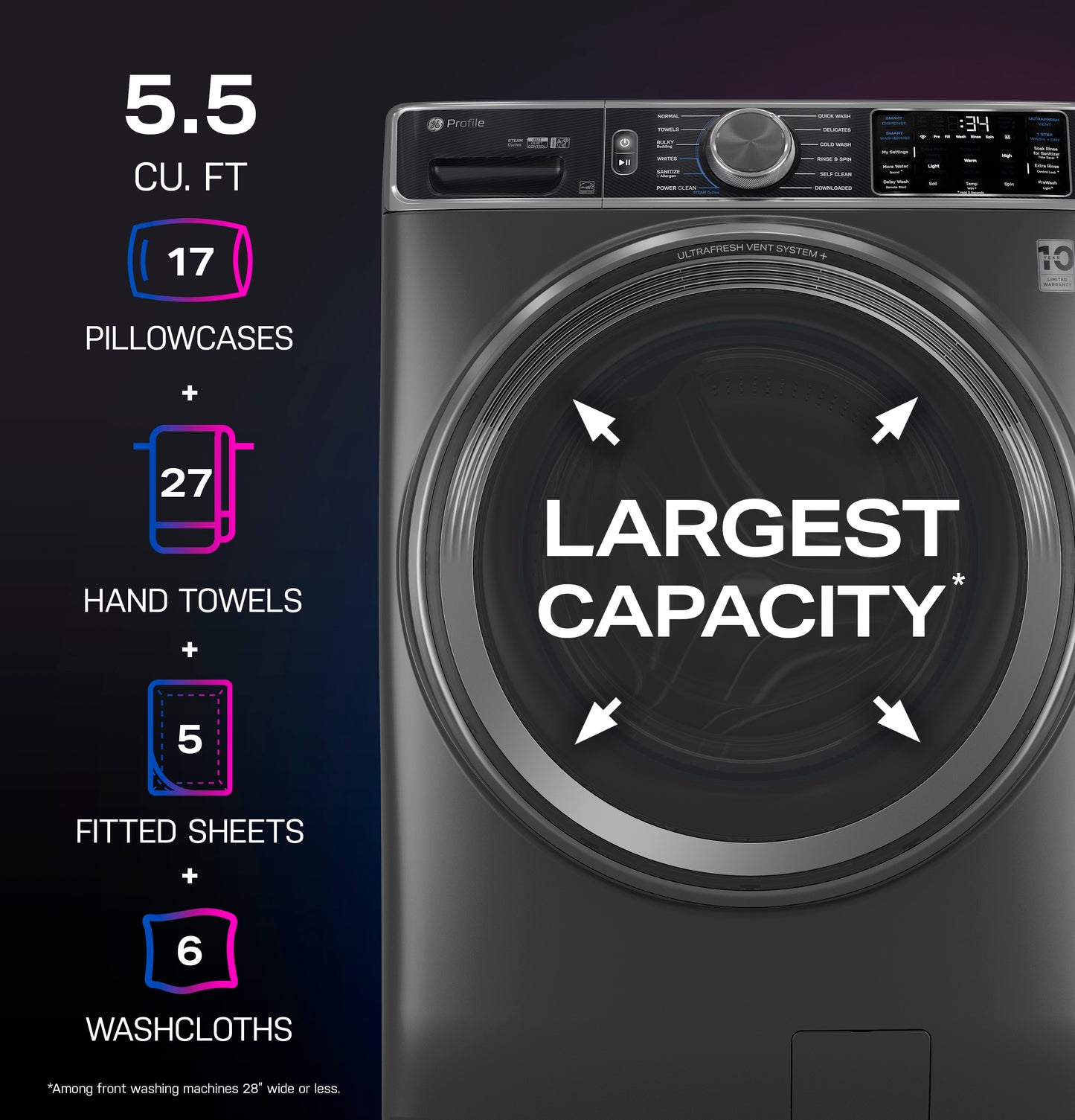 Front load washer with largest 5.5 cu. ft. capacity, highlighting loads including pillowcases, towels, sheets, and washcloths.