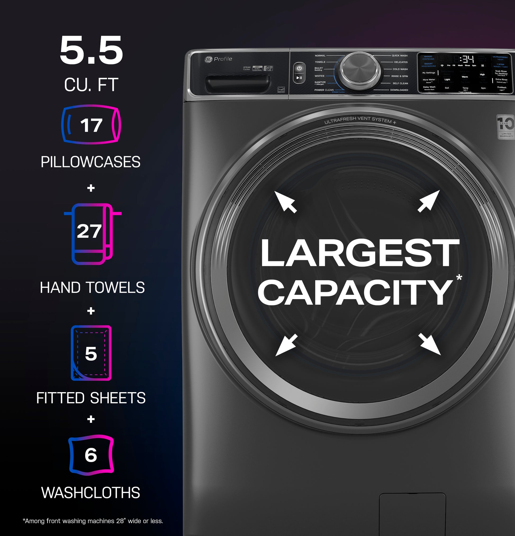 Front load washer with largest 5.5 cu. ft. capacity, highlighting loads including pillowcases, towels, sheets, and washcloths.