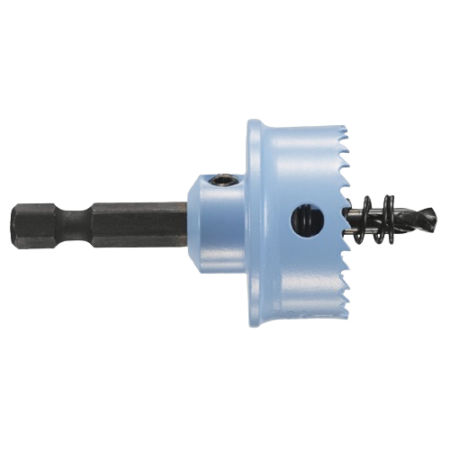 Thin-wall hole saw with high-speed steel teeth and hex shank for fast cutting in woodworking tools collection