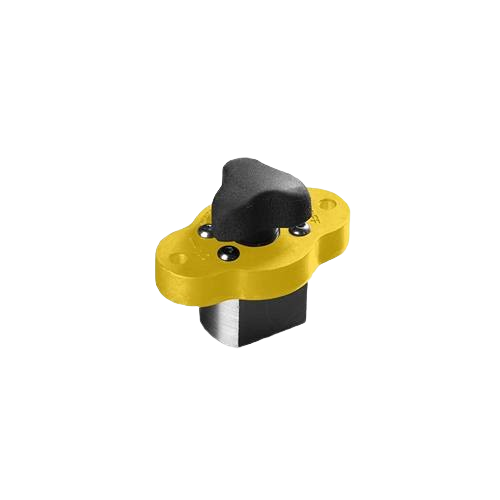 Yellow and black magnetic jig positioning tool for precise hold-downs in power tool accessories and saw collections