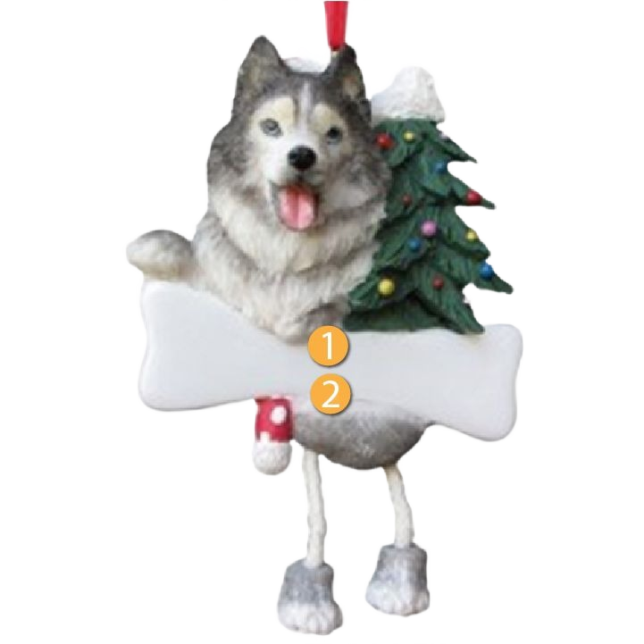 Playful Siberian Husky Christmas ornament with dangling legs and a decorated tree for holiday décor under $50 collection