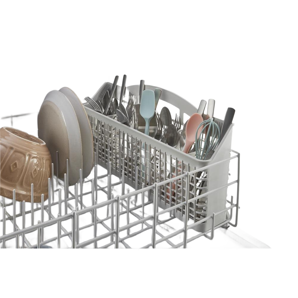 Open dishwasher rack loaded with clean dishes, bowls, and assorted utensils from built-in dishwashers collection