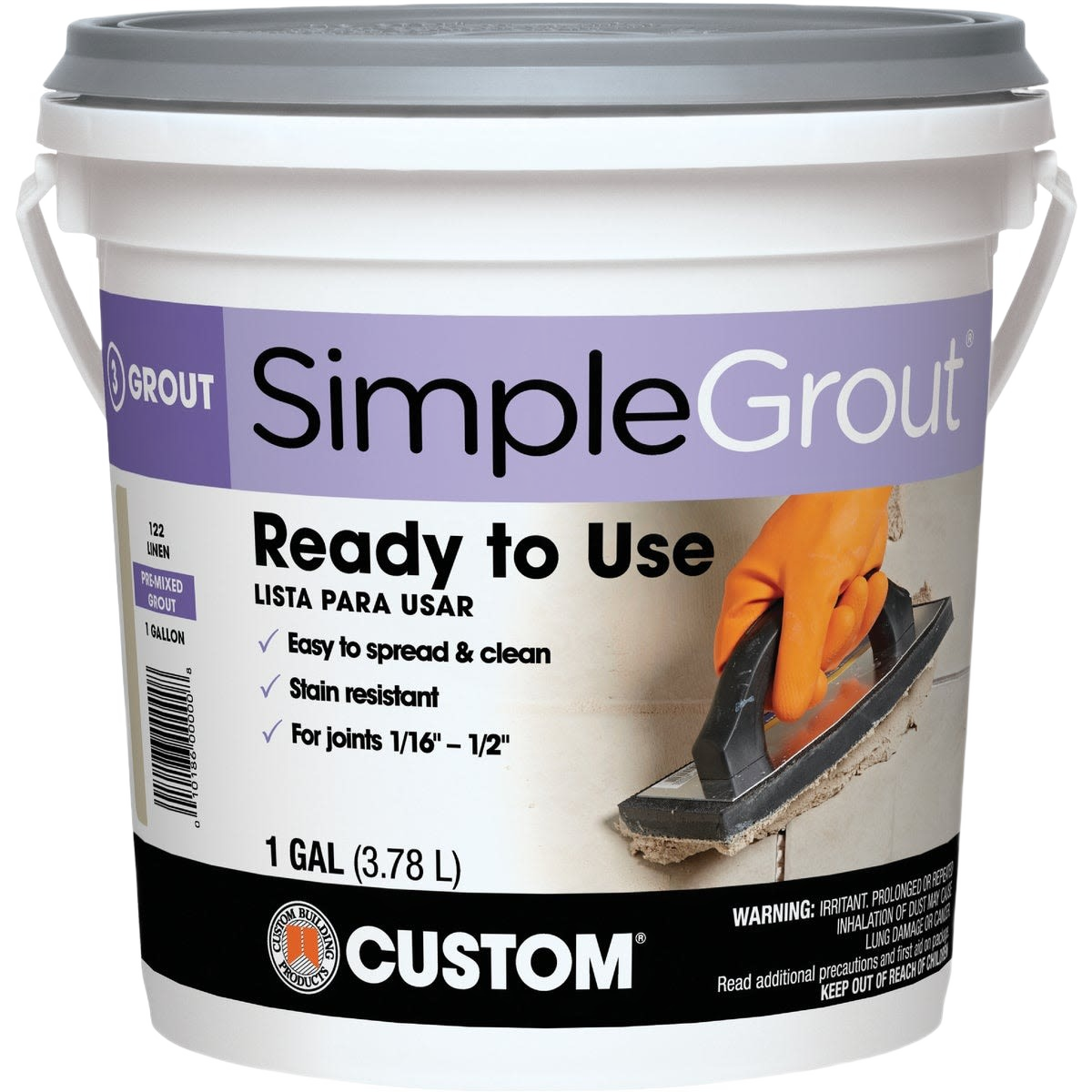 1-gallon container of natural gray Simplegrout tile grout with hand applying grout using a float tool for flooring projects
