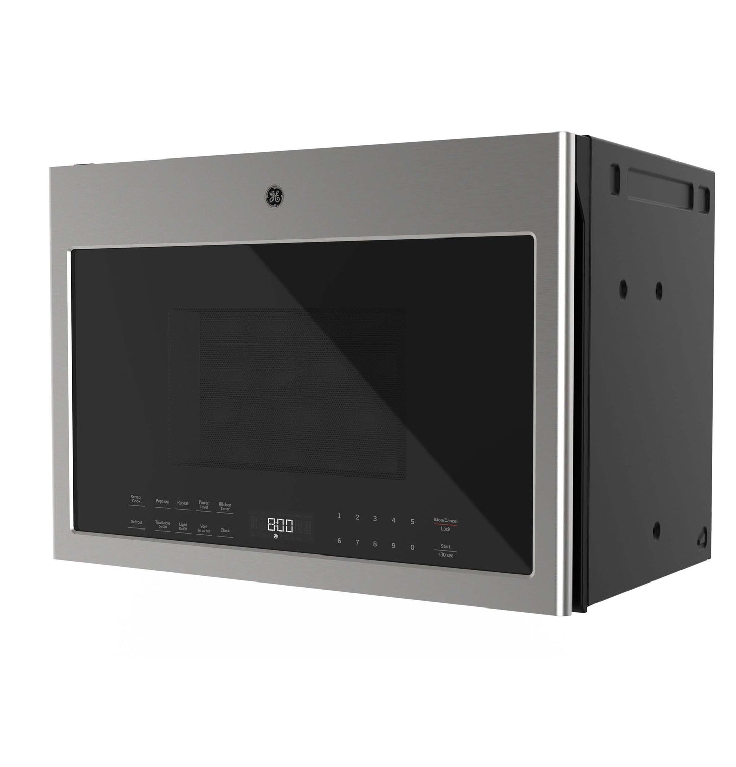 Stainless steel over-the-range microwave with black glass door and digital control panel in kitchen appliances collection