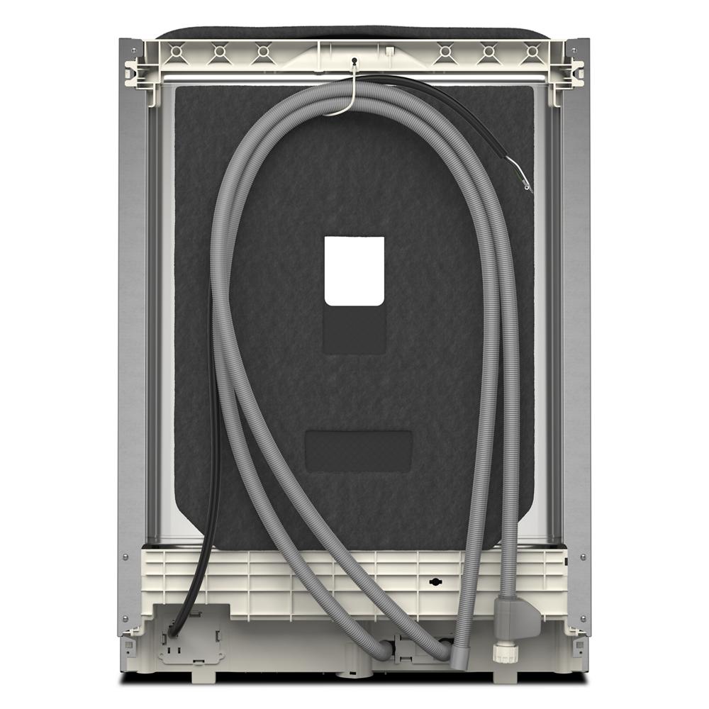 Back view of a stainless steel dishwasher showing water and power connections in KitchenAid appliances collection