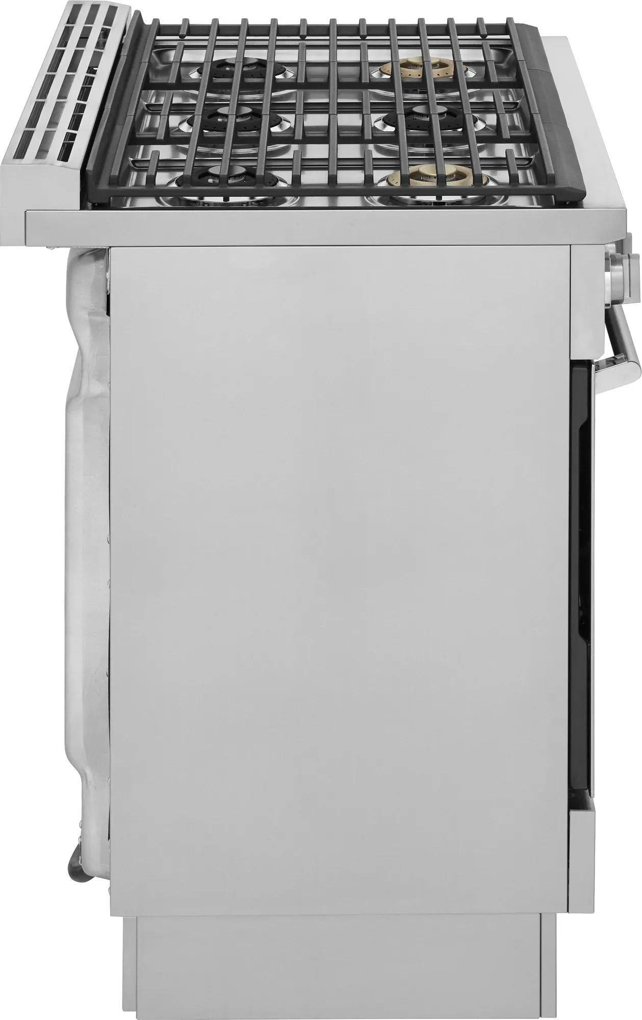 Side view of stainless steel dual-fuel range with gas cooktop grates in kitchen and appliance collections