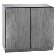 Contemporary brushed metal cabinet with double doors designed for kitchen or home improvement storage use