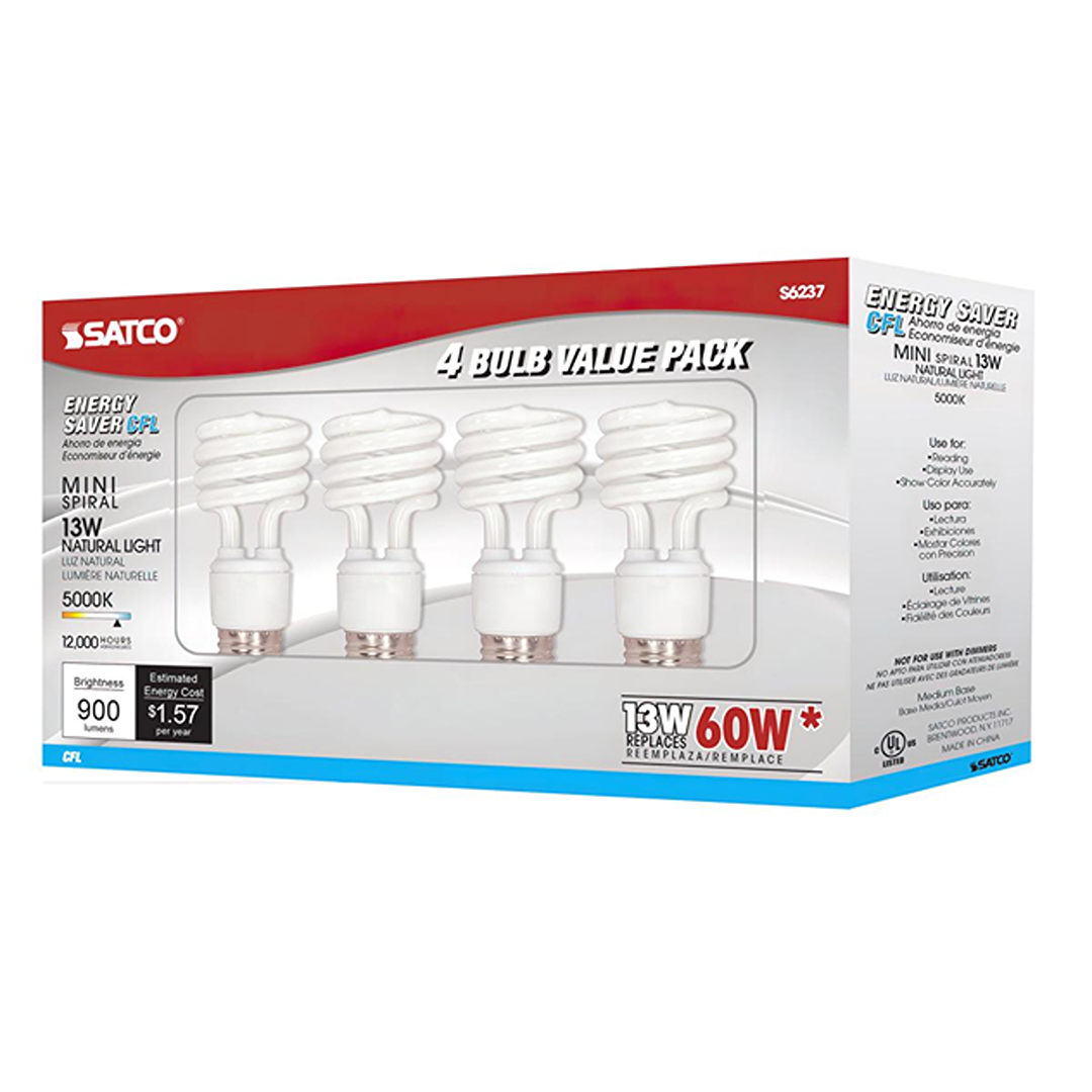 4-pack of mini spiral 13 watt compact fluorescent bulbs with natural light, energy-saving and long-lasting design