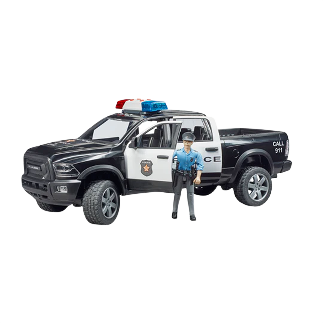 Black and white police Ram 2500 toy truck with open doors and a standing policeman figure and light module