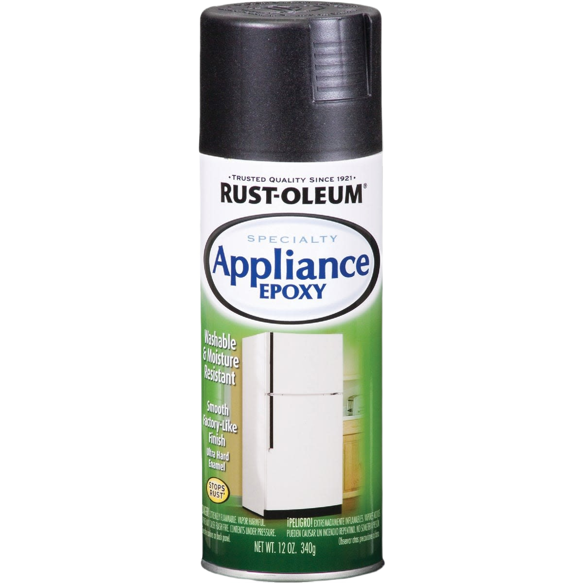 Rust-Oleum black gloss epoxy spray paint for appliances with washable, moisture-resistant finish in Specialty Paint collection