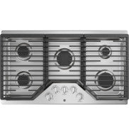 Stainless steel 36-inch built-in gas cooktop with five burners and dishwasher-safe grates from kitchen appliances collection