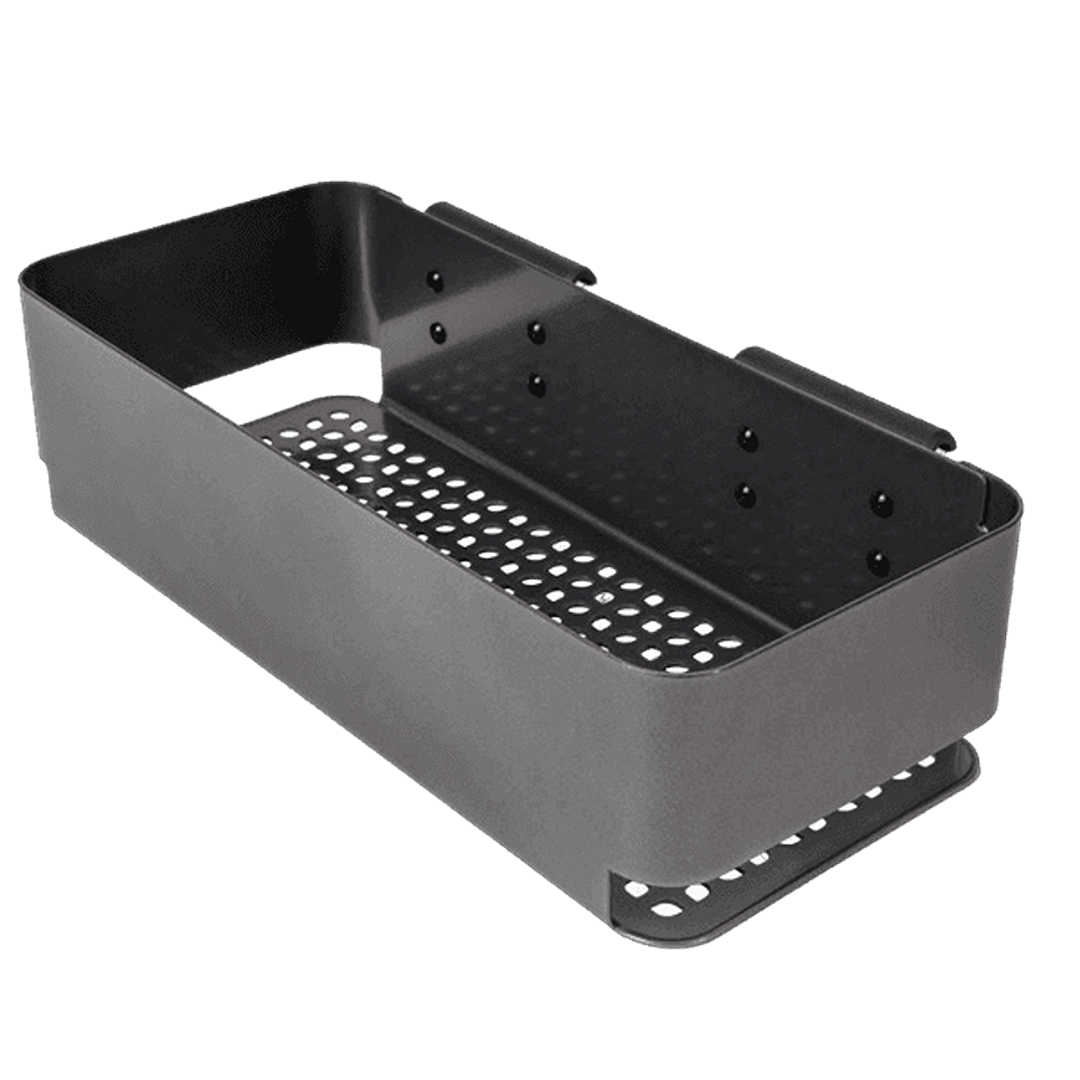 Rectangular black metal storage bin with perforated bottom designed for grilling and outdoor living accessories