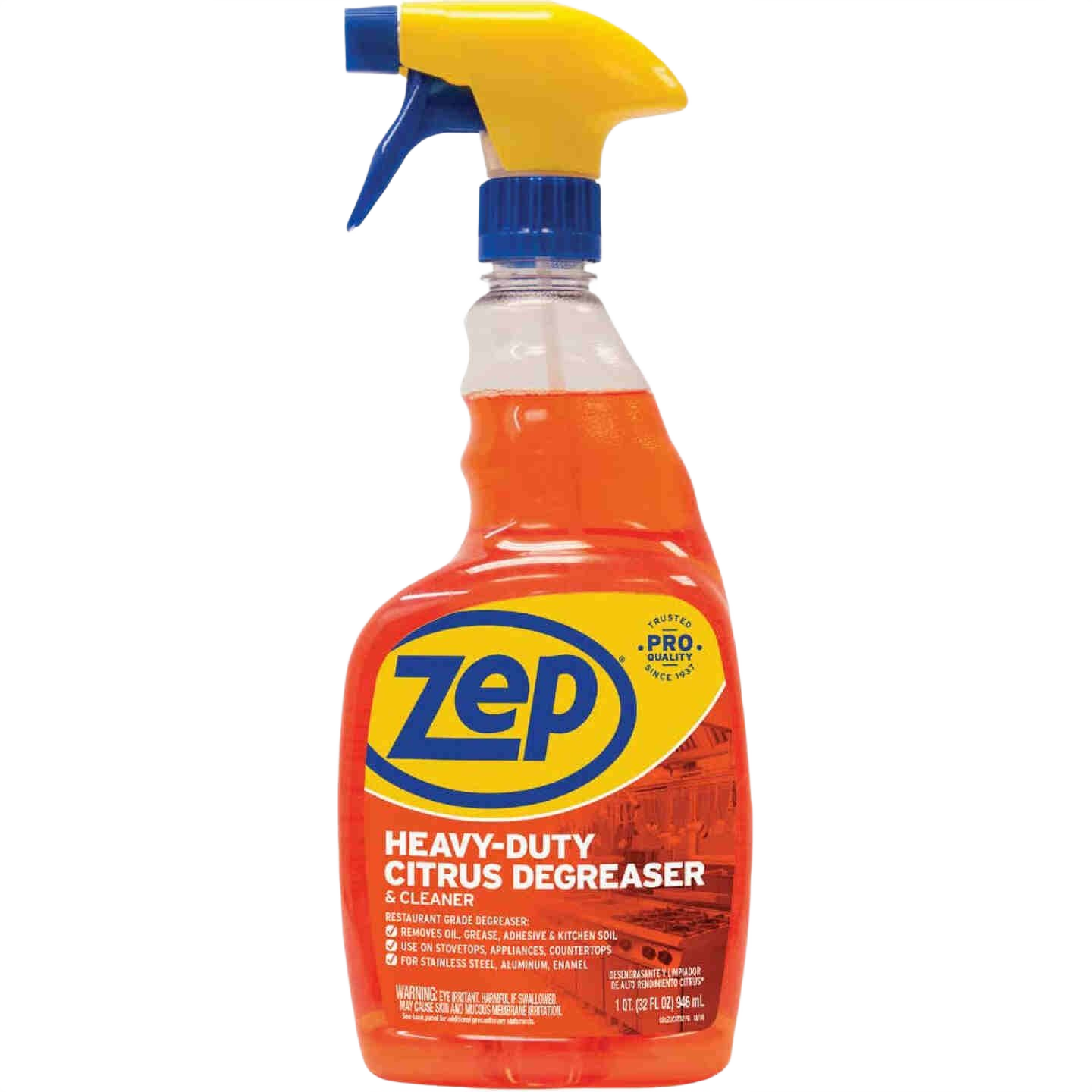 Orange heavy-duty citrus degreaser spray bottle with yellow and blue trigger for cleaning supplies under $50 collection