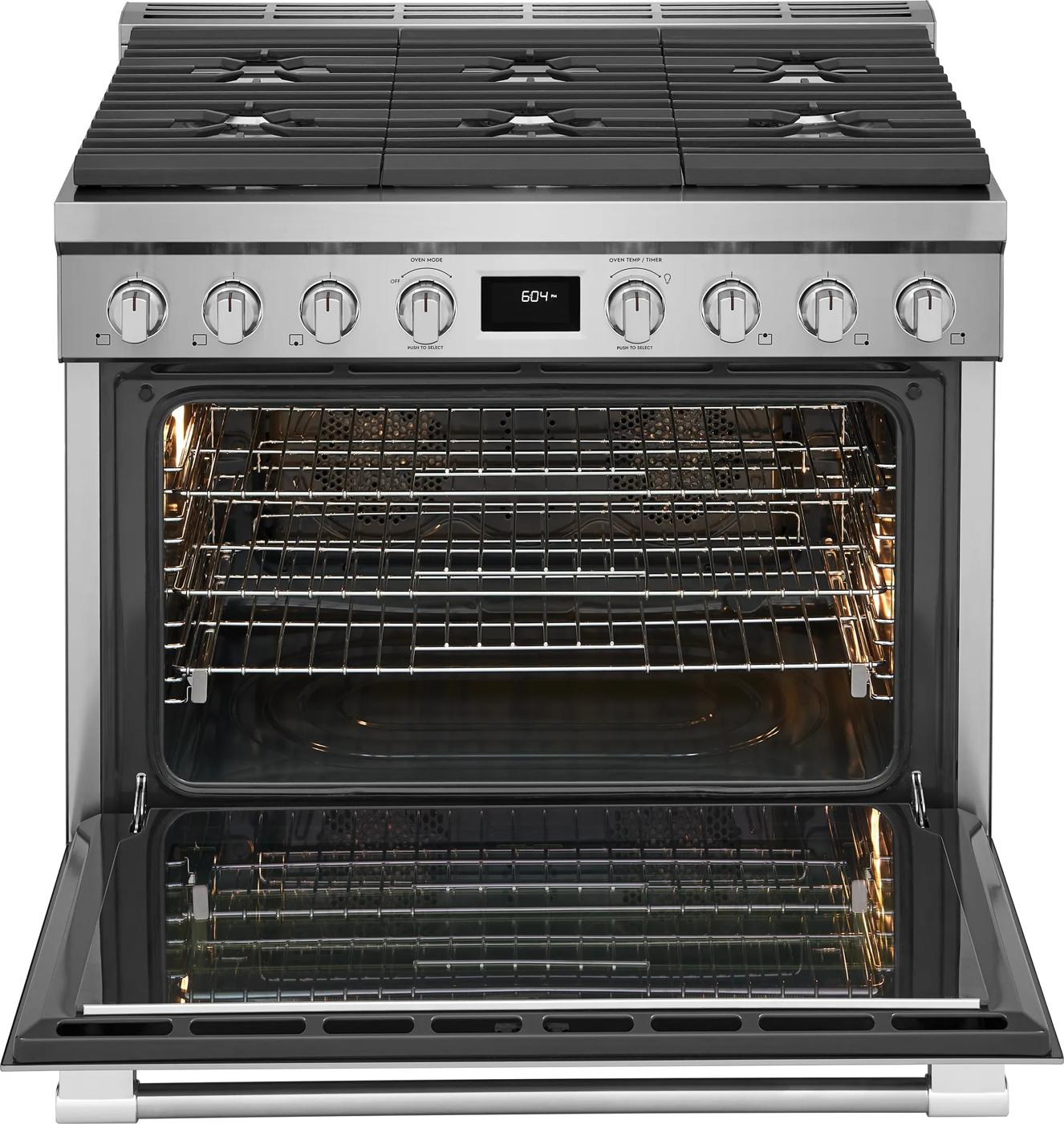 Stainless steel dual-fuel freestanding range with six burners and open oven featuring dual convection fans from Ranges collection