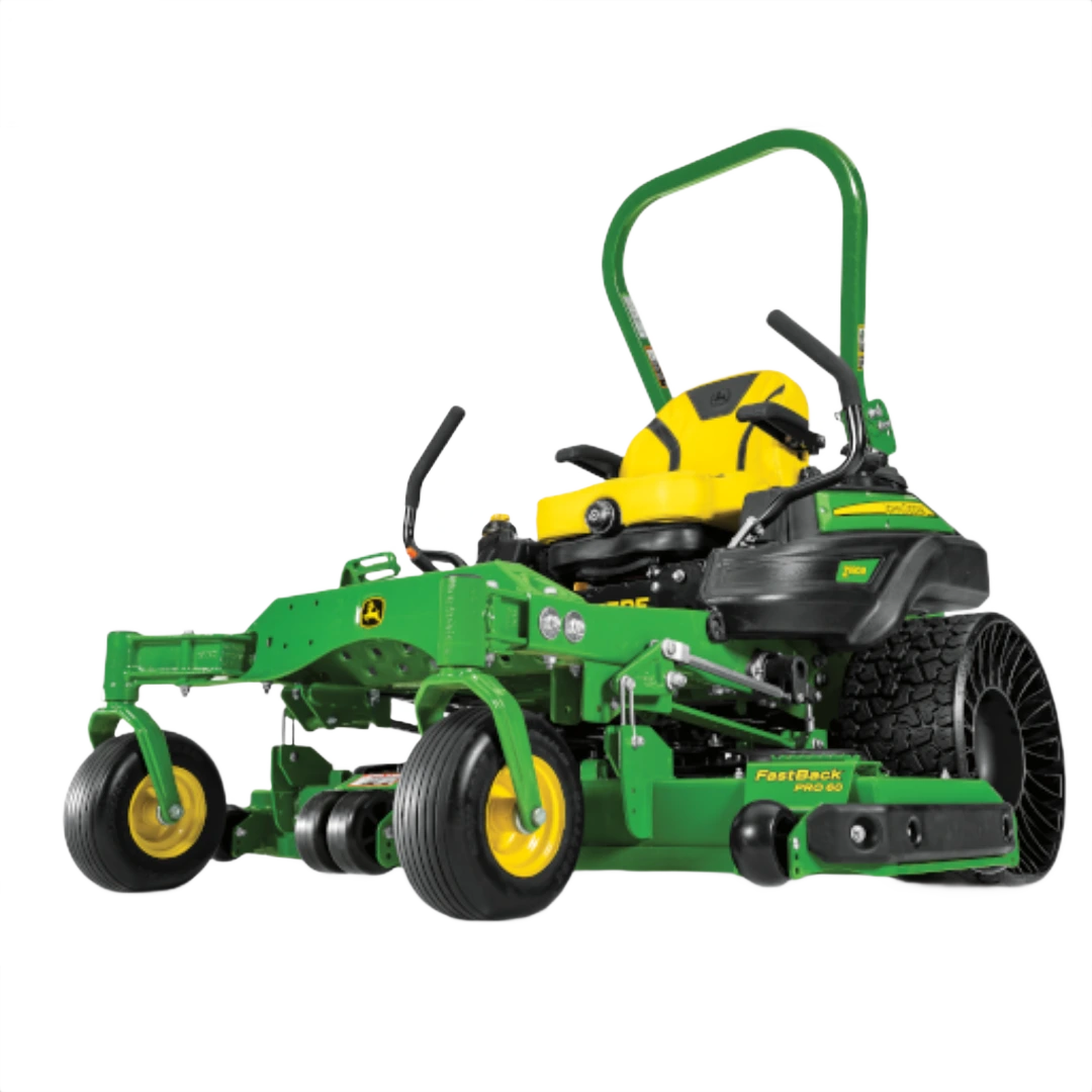 Green and yellow zero-turn mower with 60-inch deck, rear discharge, and Tweel tires for home improvement use