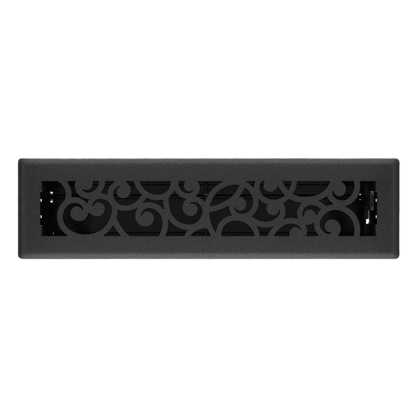 Black iron floor register with decorative scrollwork pattern for home improvement and plumbing ventilation needs