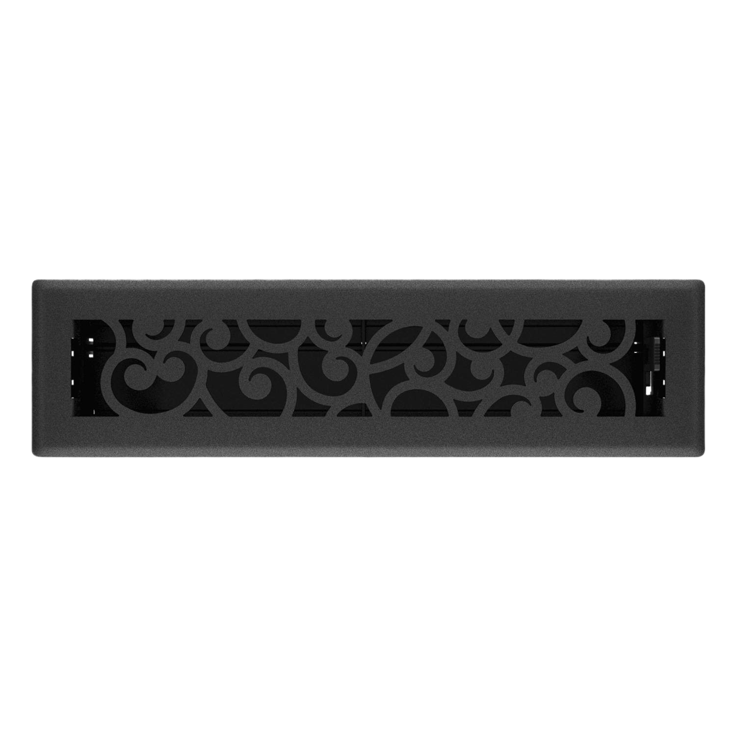 Black iron floor register with decorative scrollwork pattern for home improvement and plumbing ventilation needs