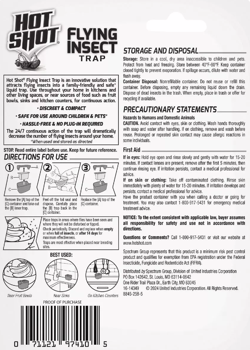 Back of Hot Shot Flying Insect Trap package showing usage directions and safety information in insect and pest control category