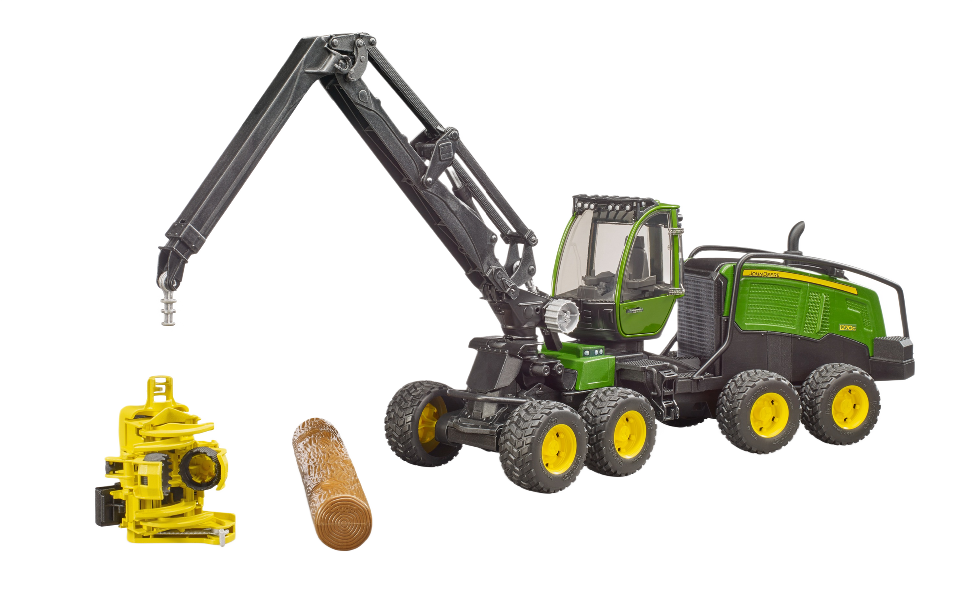 Green and yellow wheeled harvester model with detachable log attachment for Bruder Toys in Vehicles & Remote Controlled Toys collection