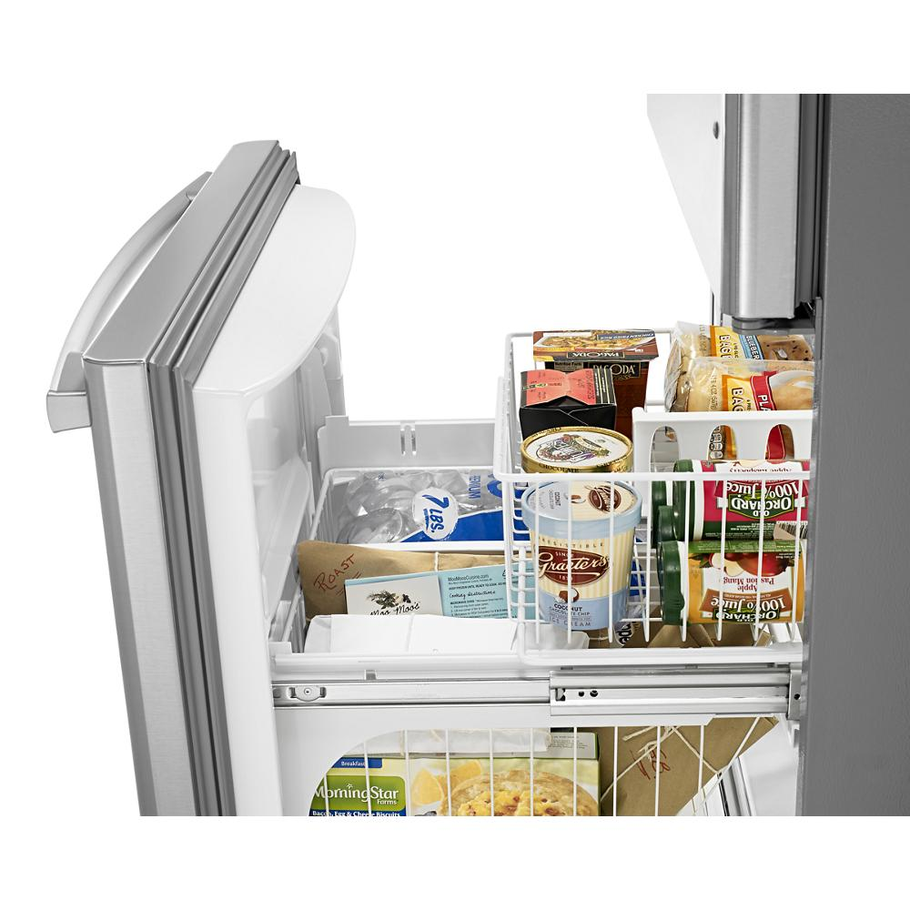 Open bottom-freezer refrigerator showing EasyFreezer™ pull-out drawer with organized frozen food items and packaging