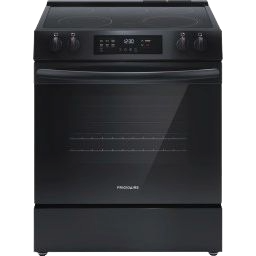 Black electric range with front control panel and smooth cooktop in kitchen appliance setting