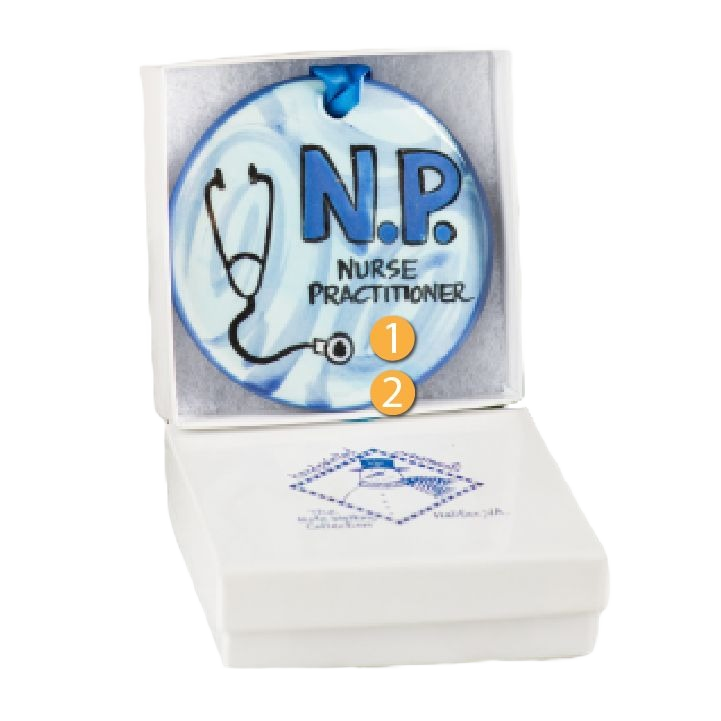 Ceramic blue and white nurse practitioner ornament with stethoscope inside a white gift box from Christmas Ornaments collection under $50