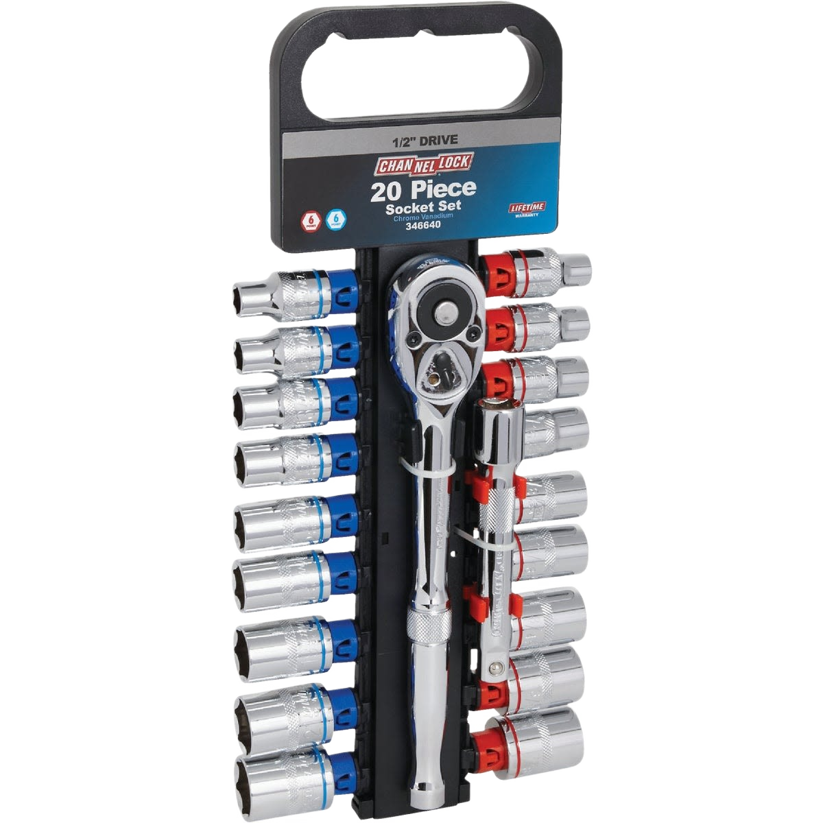 20-piece 1/2 inch drive ratchet and socket set with color-coded SAE and metric sizes in hand tools collection