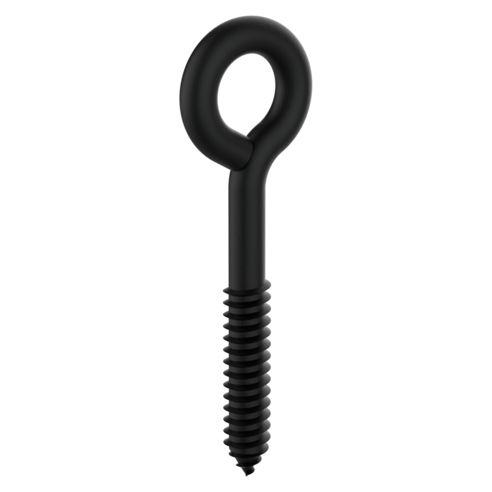 Black lag screw eye designed for secure attachment in hardware, hooks and fasteners, ideal for home improvement projects.